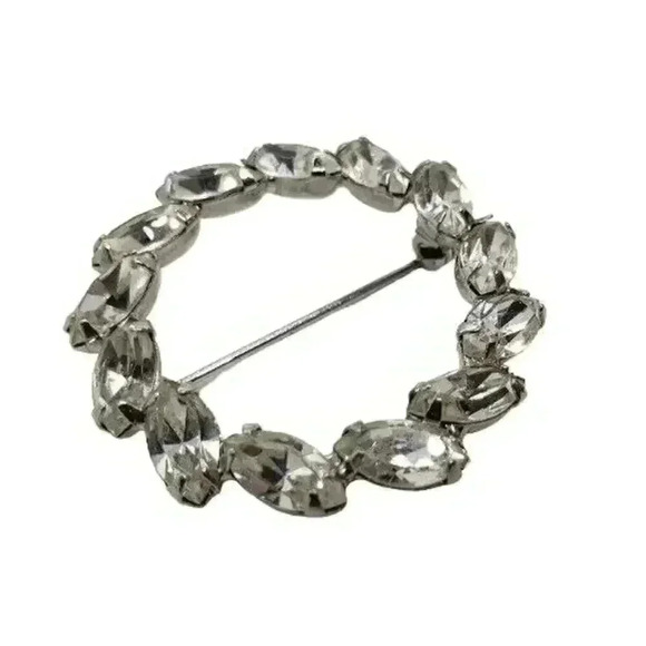Vintage Rhinestone Brooch Faceted Leaves Wreath Circle Rhodium Plate Statement - Picture 2 of 5